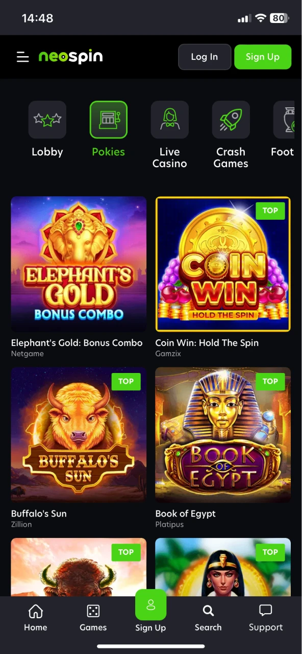 Play slots at Neospin casino.