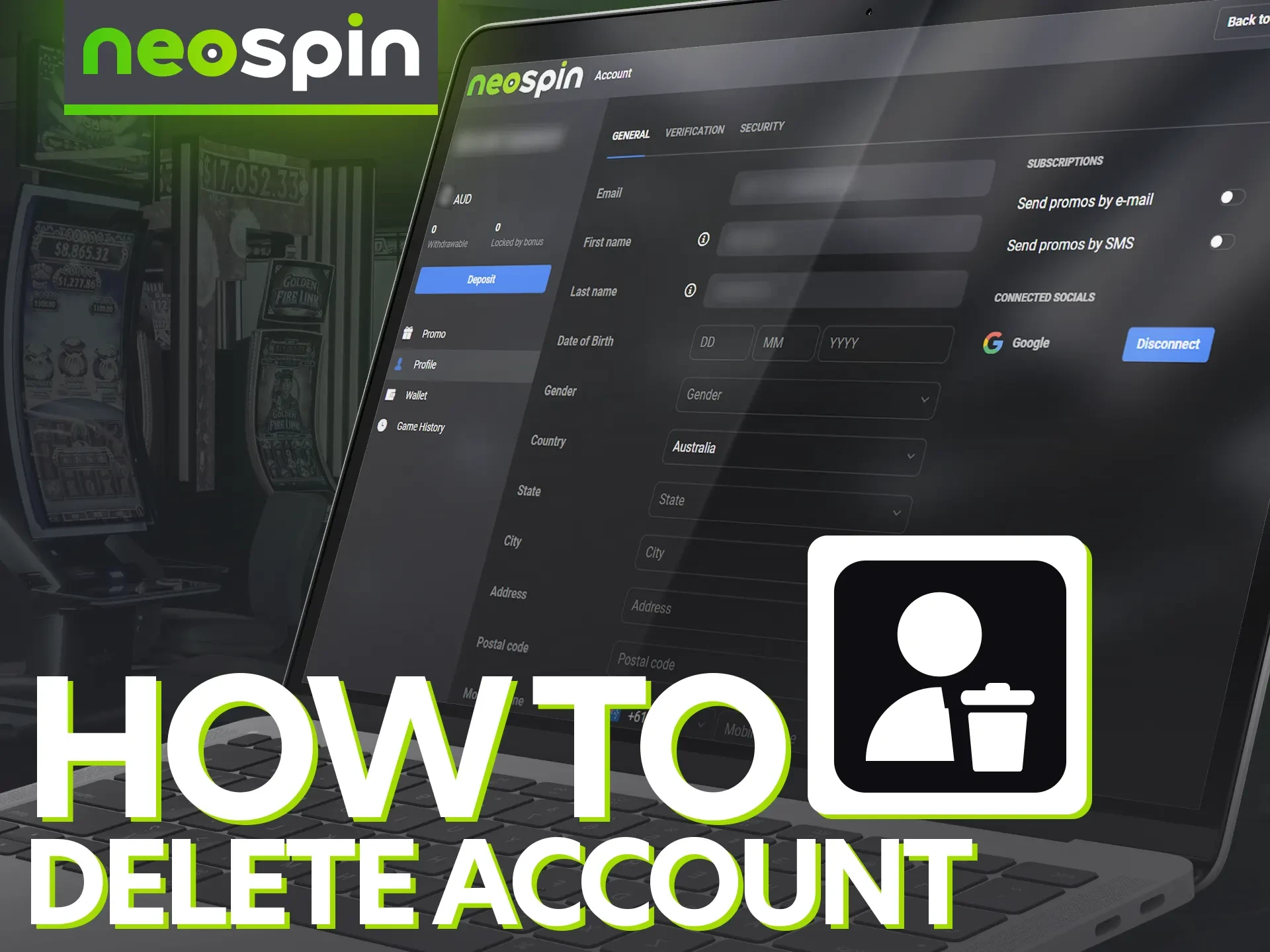 It is not possible to completely delete a Neospin account.