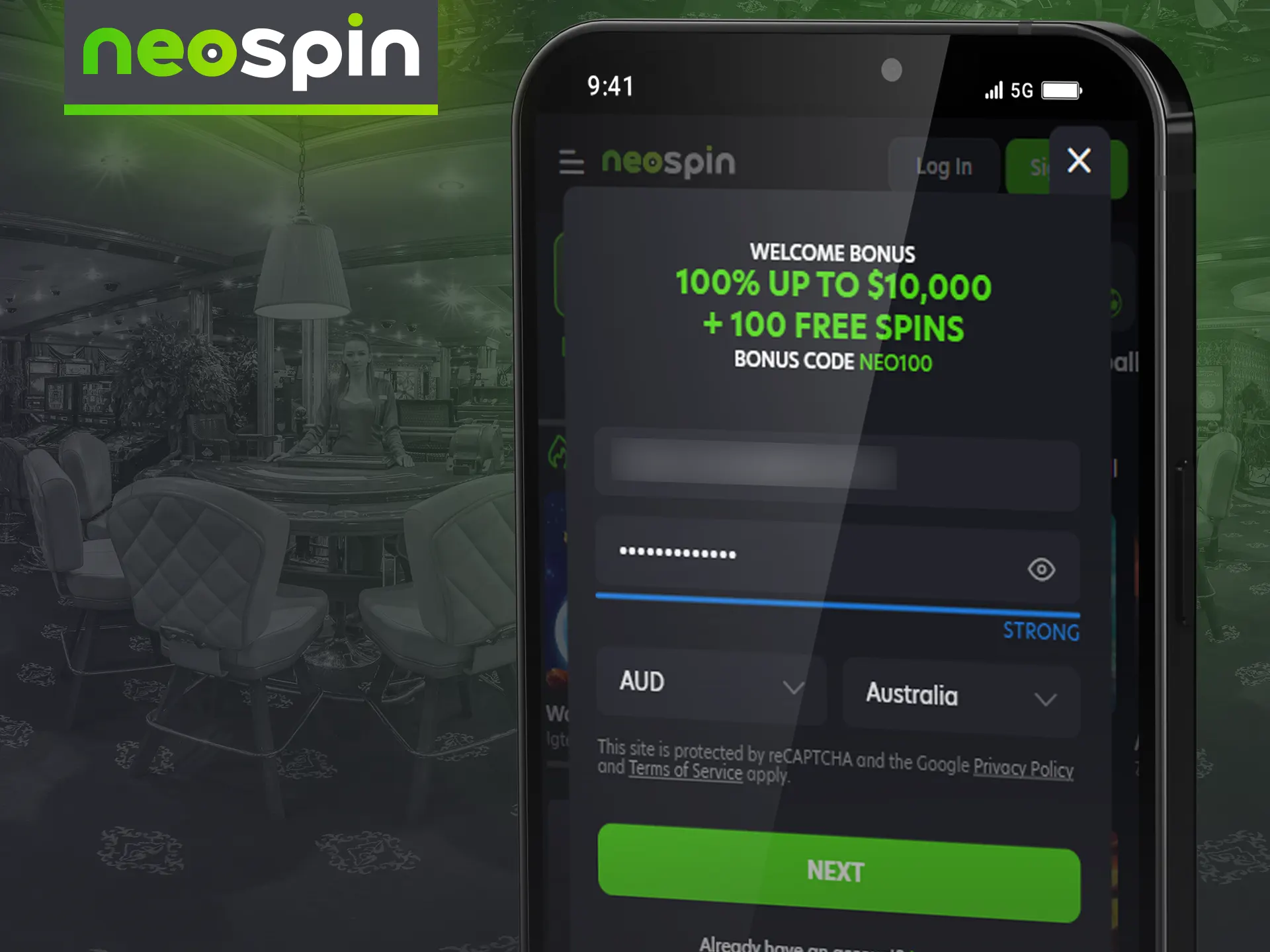 Use the casino services through the Neospin mobile site.