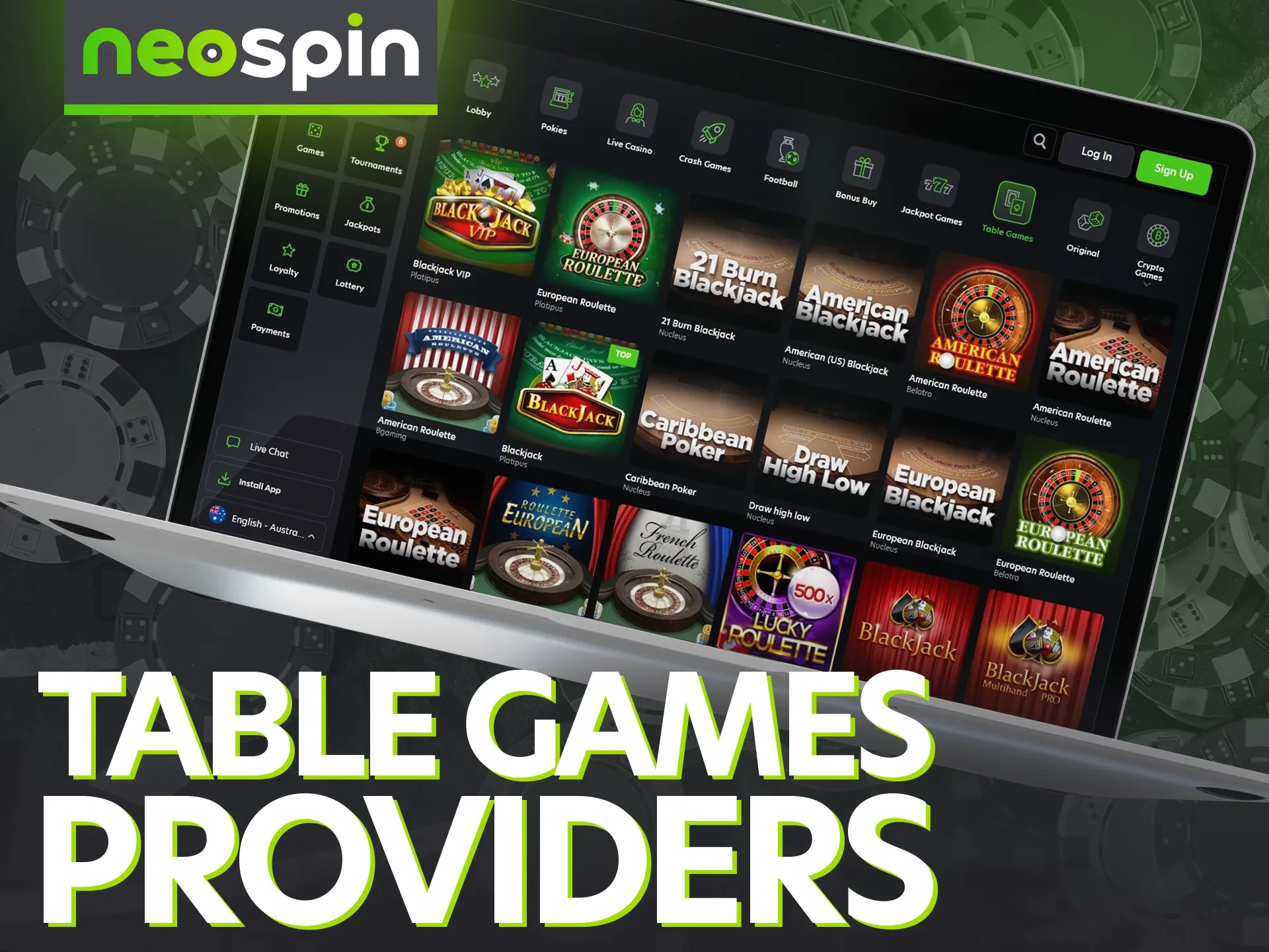 Top providers at Neospin offer a wide range of table games.